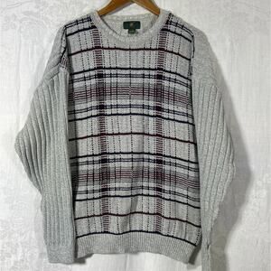 Club Room Vintage Sweater Large Gray Navy Burgundy Plaid Ribbed Chunky USA